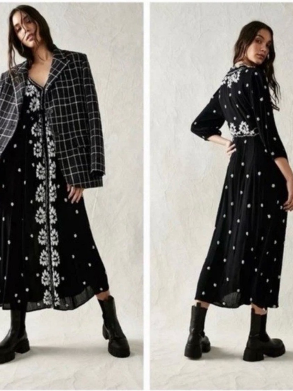 Free People Black Maxi Dress with White Floral Embroidery